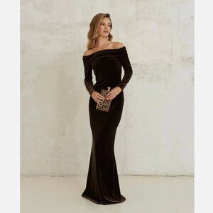 Lady Pipa Vestido Margaret Chocolate Chic Velvet Off Shoulder Maxi Dress XXS NWT
